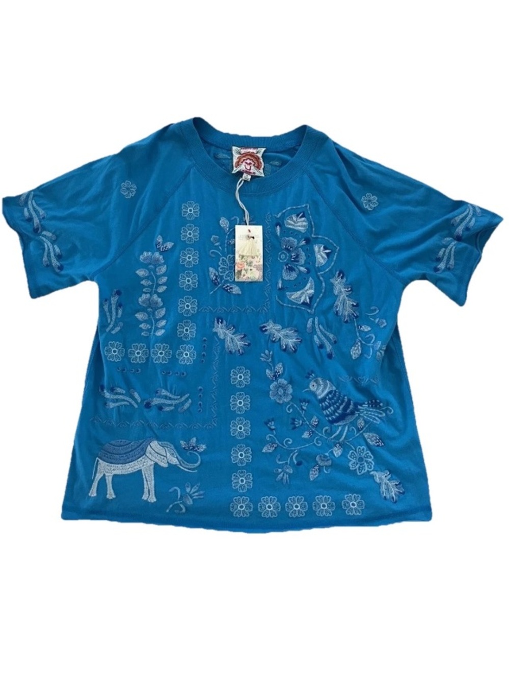 NWT Johnny Was Raw Edge Raglan Boxy Embroidered Tee Cotton Blue Ret. $130 Small - Picture 1 of 5